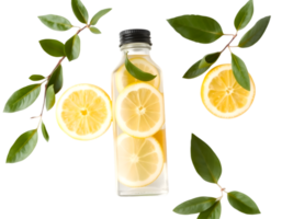 Lemon water in a bottle with lemon slices and leaves on a transparent background png