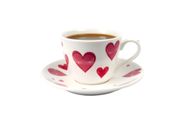 Cup of coffee with hearts on saucer isolated on transparent background png
