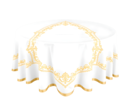 White round tablecloth with golden pattern on transparent background png