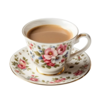 Cup of coffee with floral pattern on the saucer isolated on transparent background png