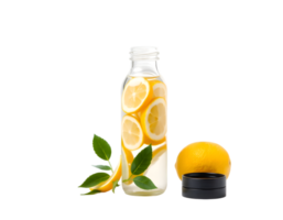 Lemonade in glass bottle with lemon slices and leaves isolated on transparent background png