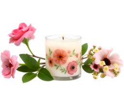 Burning candle with pink flowers and green leaves isolated on transparent background png