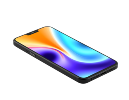 Isometric view of a sleek black smartphone with a colorful abstract screen display. png