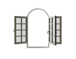 Open arched window with two doors on transparent background png