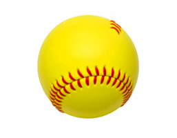 Yellow softball with red stitching on a transparent background png