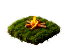 Campfire on a square patch of green grass with a transparent background png
