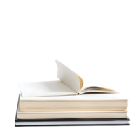 A stack of books with an open book on top, isolated on a transparent background. png