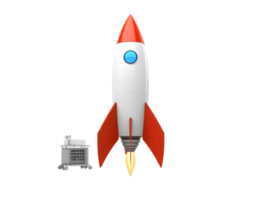 A red and white rocket launching into space with flames and a small cart png