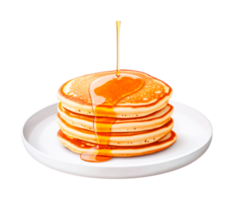 Stack of fluffy pancakes with maple syrup drizzle on a white plate, cut out png