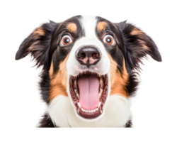 Happy dog with open mouth and alert expression close-up, cut out png