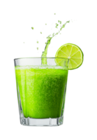 Refreshing lime splash in a glass with vibrant juice and sliced lime accent, cut out png