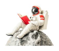 Astronaut sitting on moon rock reading a book in spaceman suit, cut out png