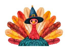 Whimsical turkey with colorful feathers and witch hat, cut out png