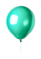 Single green balloon floating on string isolated on white background, cut out png