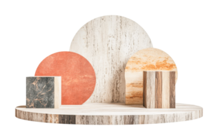 Modern geometric stone display with textured surfaces and various shapes, cut out png