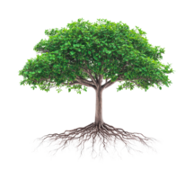 Lush green tree with roots displayed in detailed view, cut out png