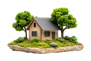 Cozy wooden cabin on floating island with lush greenery and trees, cut out png
