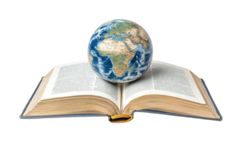 Open book with globe on top representing global knowledge and learning, cut out png