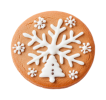 Decorated gingerbread cookie with snowflake and tree icing design, cut out png