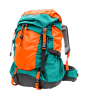Durable orange and green hiking backpack with multiple compartments and adjustable straps, cut out png