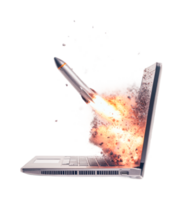 Rocket emerging from laptop exploding with energy and motion, cut out png