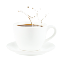 Splashing coffee in white cup on saucer isolated on white, cut out png