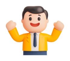 Animated character with raised hands and yellow jacket, cut out png