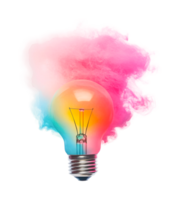 Vibrant light bulb with colorful smoke effect, cut out png