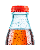 Close-up of a chilled glass soda bottle with red cap and condensation, cut out png