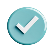 Blue check mark icon on circular 3d badge for verification and approval, cut out png