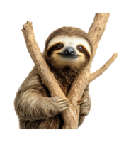 Adorable sloth gripping tree branches with a gentle smile, cut out png