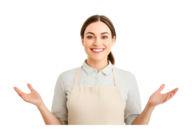 Smiling young caucasian female chef with apron and open hands, cut out png