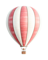 Red and white hot air balloon with passengers in basket, cut out png