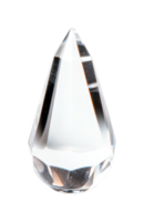 Faceted transparent crystal on white surface with sharp edges and light reflections, cut out png