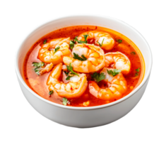 Spicy shrimp soup with parsley in a white bowl, cut out png