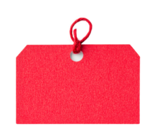 Rectangular red tag with twine loop for retail branding, cut out png