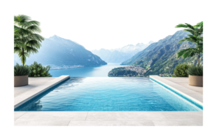 Infinity pool overlooking scenic mountain lake with palm trees, cut out png