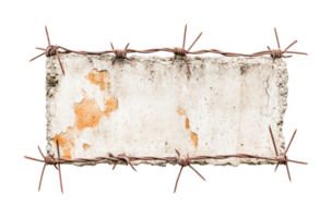 Old rectangular concrete slab wrapped in rusty barbed wire, cut out png