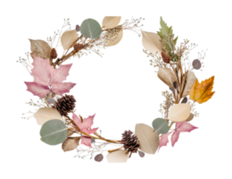 Seasonal autumn wreath with leaves pinecones and branches, cut out png