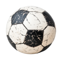 Aged soccer ball with cracks and weathered surface close-up, cut out png