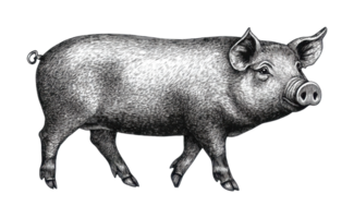 Detailed pig engraving art with intricate shading and texture, cut out png