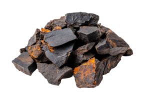 Iron ore rocks pile on display with mineral textures and orange rusting, cut out png