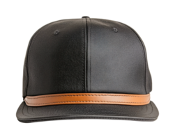 Front view of black cap with brown leather strap on brim, cut out png