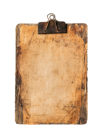 Ancient clipboard with rustic metal clip and weathered paper, cut out png