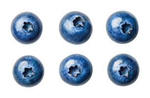 Close-up view of six fresh blueberries arranged in two rows, cut out png