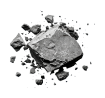 Dynamic exploding rock fragments with cracked boulders and scattered pebbles in motion, cut out png