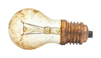 Rusty vintage light bulb with exposed filament on white background, cut out png