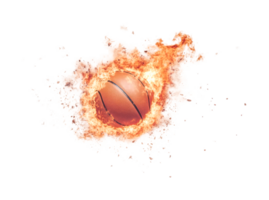 Flaming basketball in mid-air explosion with dynamic fire effects, cut out png