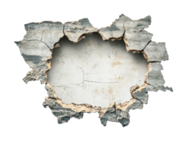 Cracked concrete wall with jagged hole in center exposing raw edges and texture, cut out png