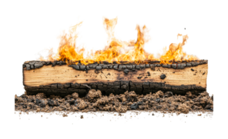 Burning log in flame with charring and ashes visible, cut out png